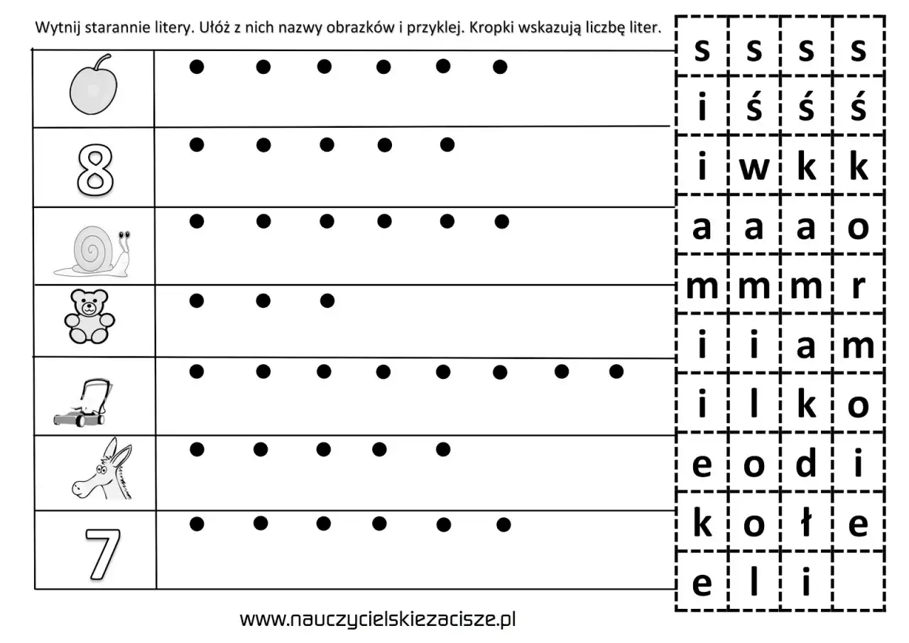 Karta pracy z literami do wycinania. Obrazki jabłka, ósemki, ślimaka, misia, kosiarki, osiołka i cyfry 7. Kropki wskazują liczbę liter.