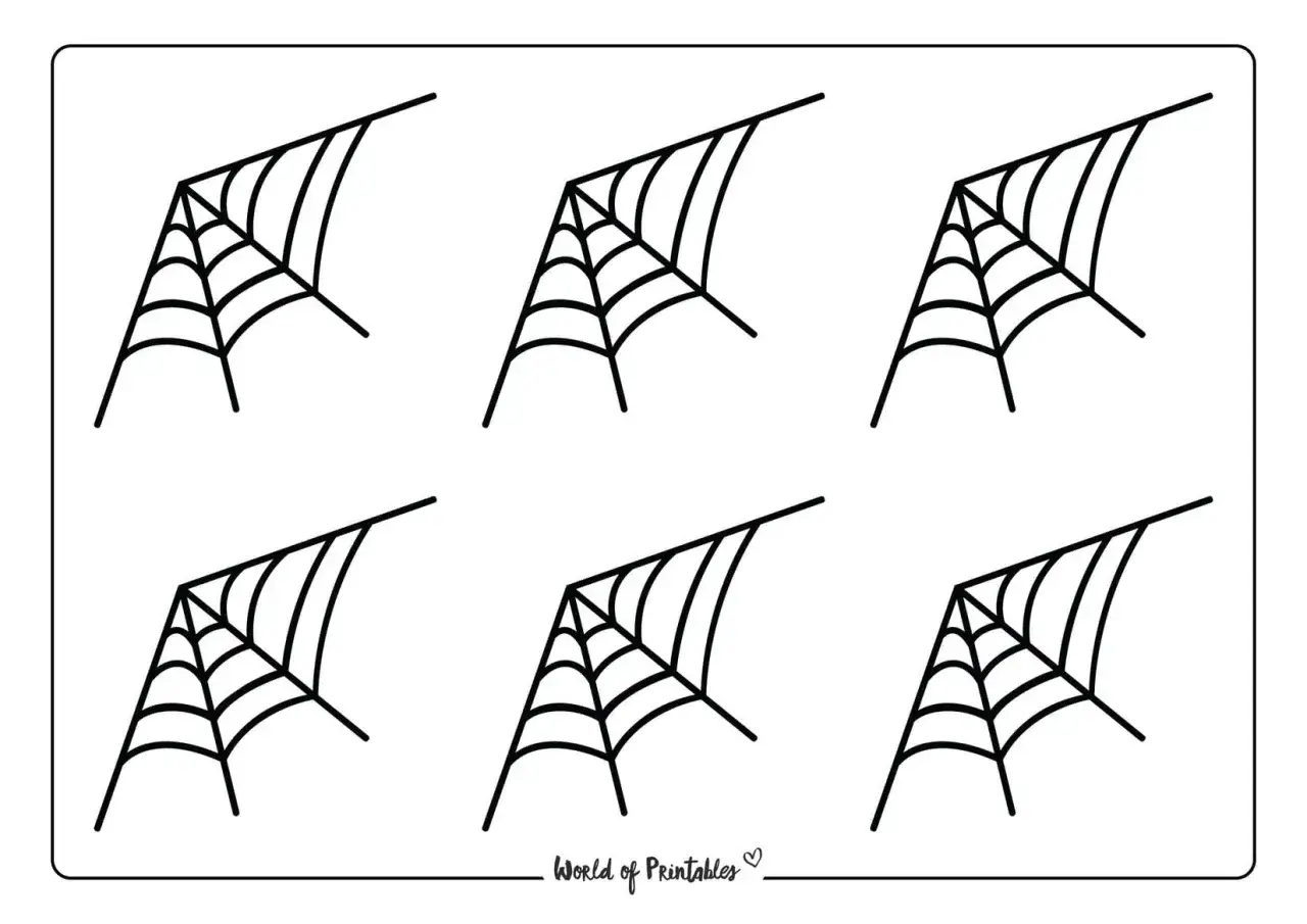 Sześć czarnych pajęczyn do druku, idealnych na Halloweenowe dekoracje.