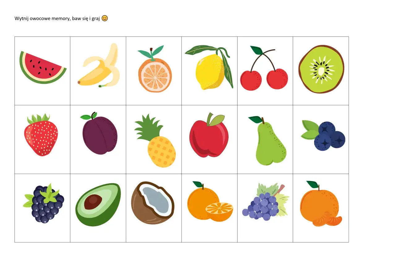 Kolorowe owoce do druku: arbuz, banan, pomarańcza, cytryna, wiśnie, kiwi, truskawka, śliwka, ananas, jabłko, gruszka, borówki, jeżyna, awokado, kokos, mandarynka, winogrona.