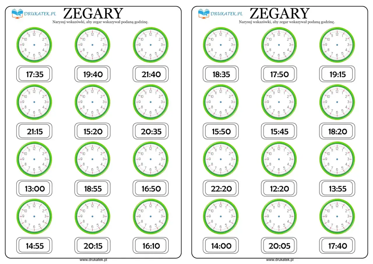 Zadania z zegarami: narysuj wskazówki, aby zegar wskazywał podaną godzinę. Ćwiczenie na naukę odczytywania czasu.