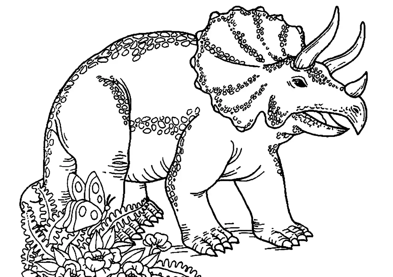Triceratops kolorowanka z motylem i kwiatami. Dinozaur czeka na kolory!