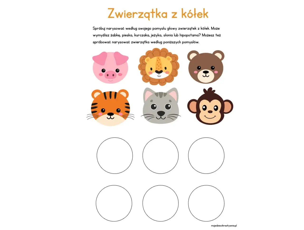 Zwierzątka z k&oacute;łek: proste rysunki dla dzieci krok po kroku. Narysuj głowy zwierząt, np. świnki, lwa, misia, tygryska, kota i małpki, używając k&oacute;łek.