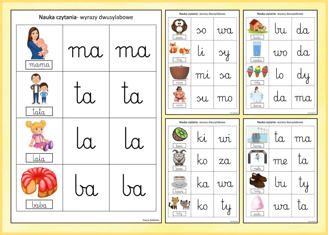 Karta pracy do nauki czytania dwusylabowych wyrazów. Obrazki przedstawiają mamę z dzieckiem, tatę z dzieckiem, lalkę, babkę, sowę, lisy, misę, sumo, budę, wodę, lody, damę, kiwi, kozę, kawę, koty, tamę, metę, buty i watę.