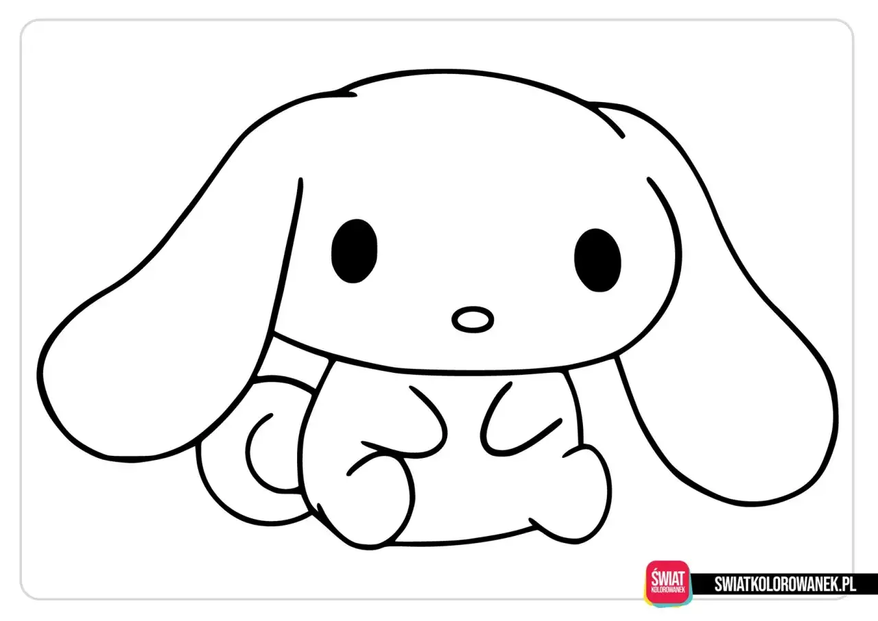 Urocza cinnamoroll kolorowanka do pokolorowania. Biały piesek z długimi uszami czeka na Twoje kredki!