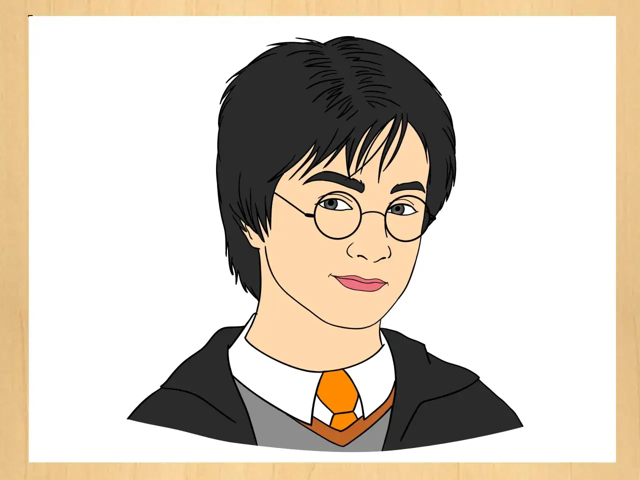 Kolorowy rysunek przedstawia Harry'ego Pottera w okularach i szacie.