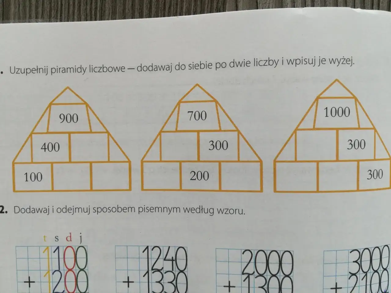 Piramida matematyczna z liczbami do uzupełnienia. Na dole liczby 100, 200, 300. Wyżej 400, 300, 300. Na szczycie 900, 700, 1000.