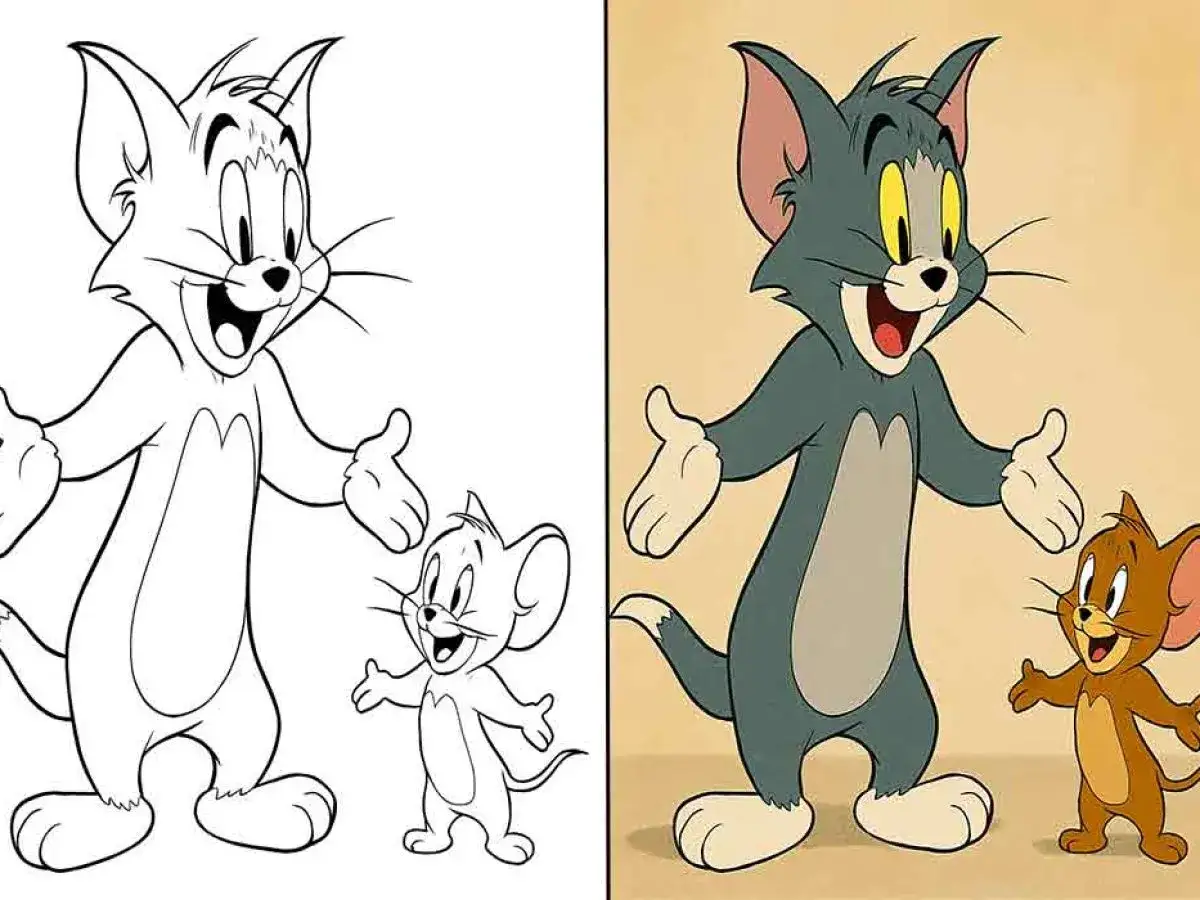 Tom i Jerry kolorowanka: szkic kota i myszy obok gotowego, kolorowego obrazka.