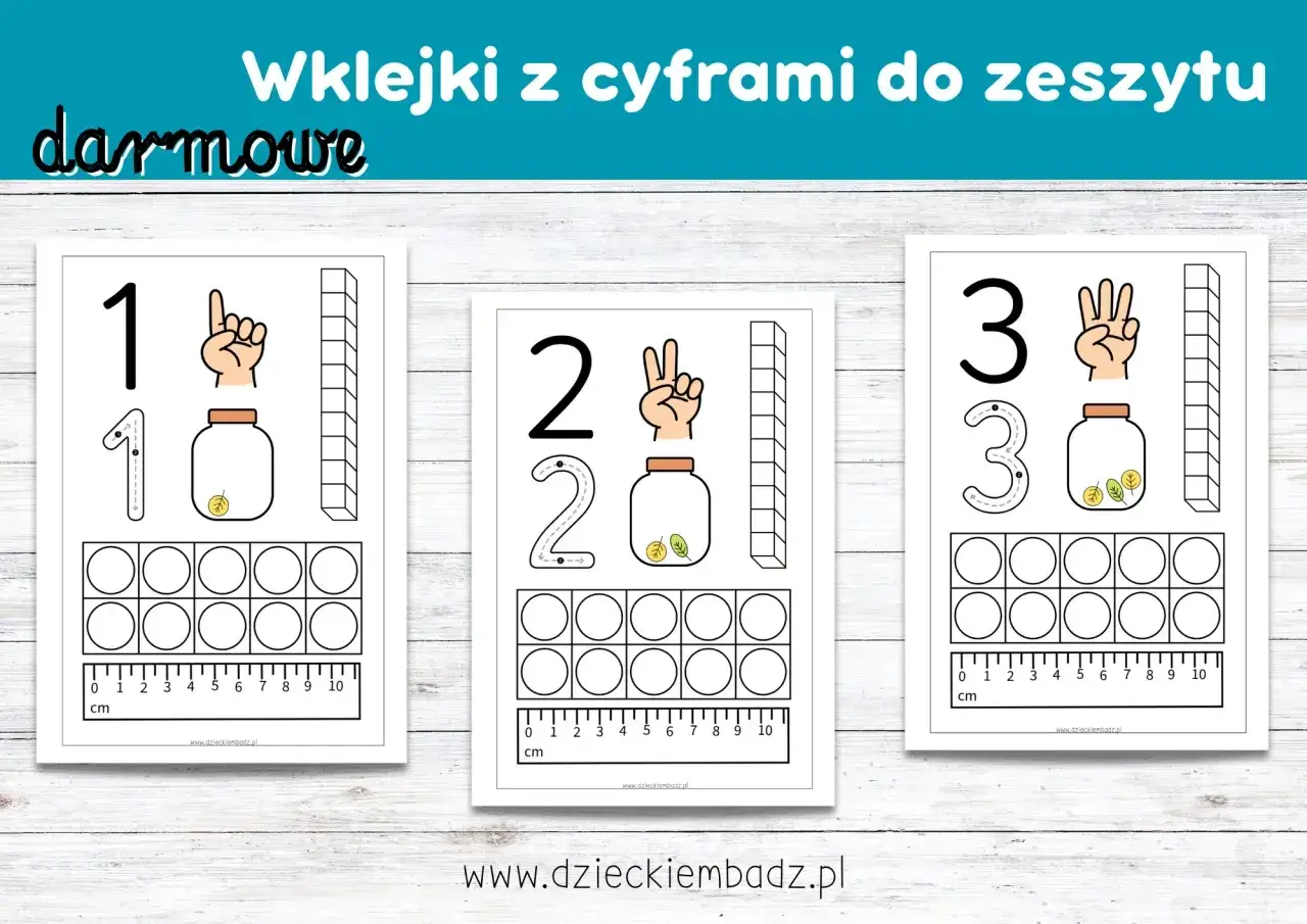 Darmowe wklejki z cyframi dla dzieci: 1, 2, 3. Każda karta zawiera cyfrę, dłoń pokazującą liczbę palców, słoik z listkami i miejsce na naklejki.
