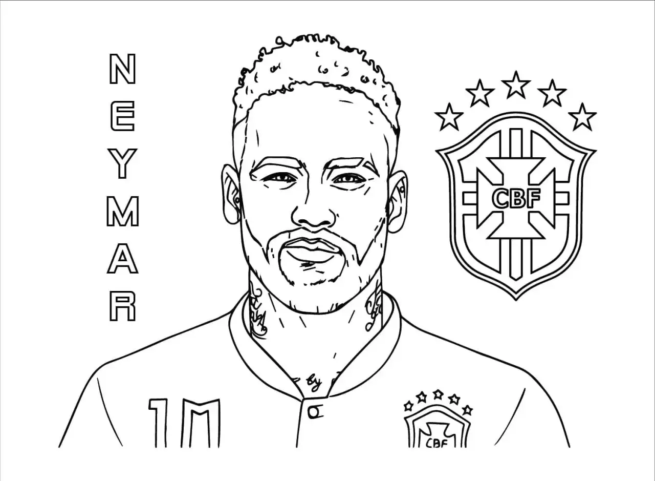 Obrazek do pokolorowania z Neymarem i herbem Brazylii. Idealny dla fanów piłki nożnej, którzy chcą stworzyć własną wersję portretu swojego idola.