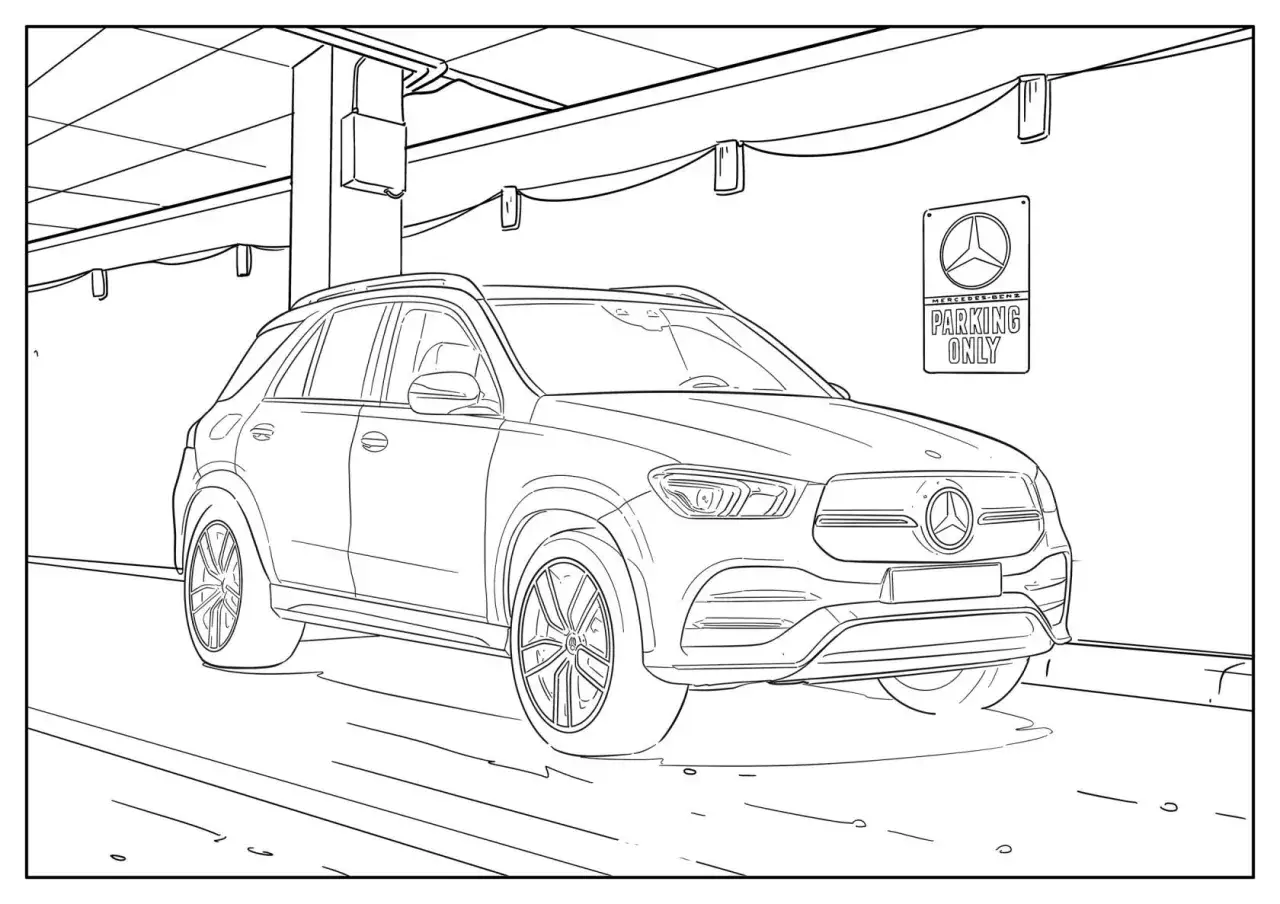 Kolorowanka przedstawia SUV-a marki Mercedes-Benz na parkingu. Idealna dla fanów motoryzacji i miłośników marki.