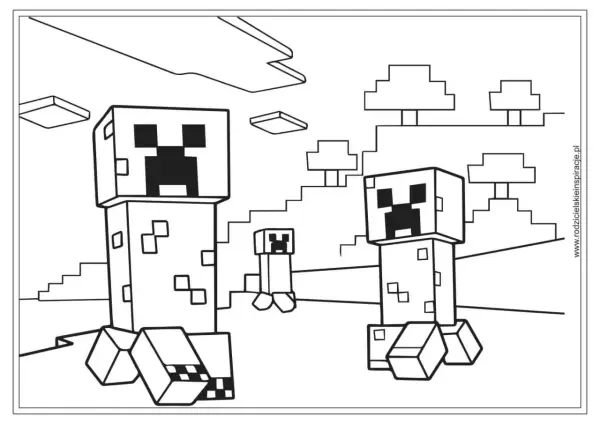 Dwa wielkie i jedno małe creepery z gry Minecraft czekają na pokolorowanie. Te proste minecraft rysunki to świetna zabawa dla fanów.