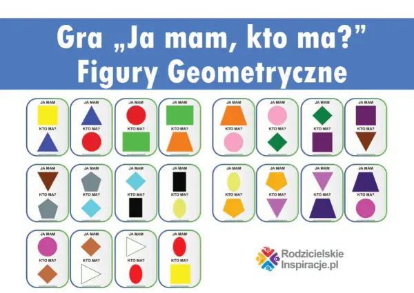 Kolorowe karty z figurami geometrycznymi do gry "Ja mam, kto ma?". Idealne kształty do druku dla dzieci.
