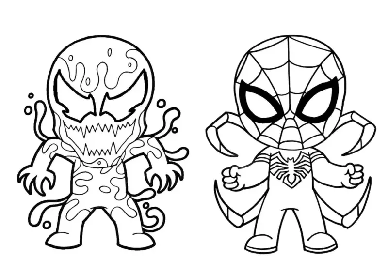 Czarno-biała kolorowanka z uroczymi postaciami: z lewej strony potworny Venom, z prawej Spider-Man. Idealne do pokolorowania!